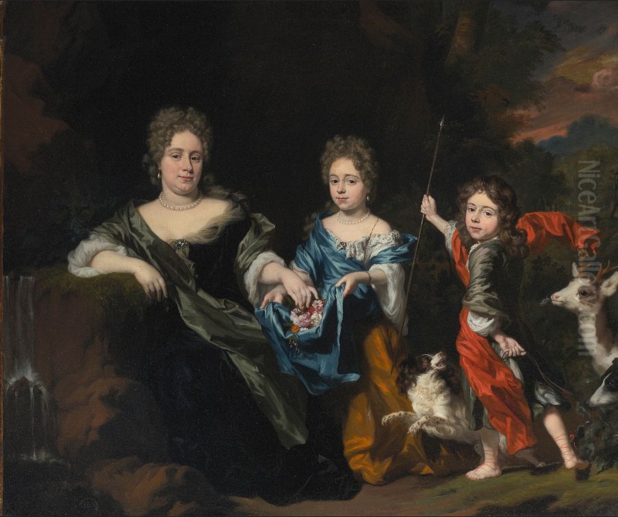 Family portrait of an unknown woman with two children Oil Painting by Nicolaes Maes