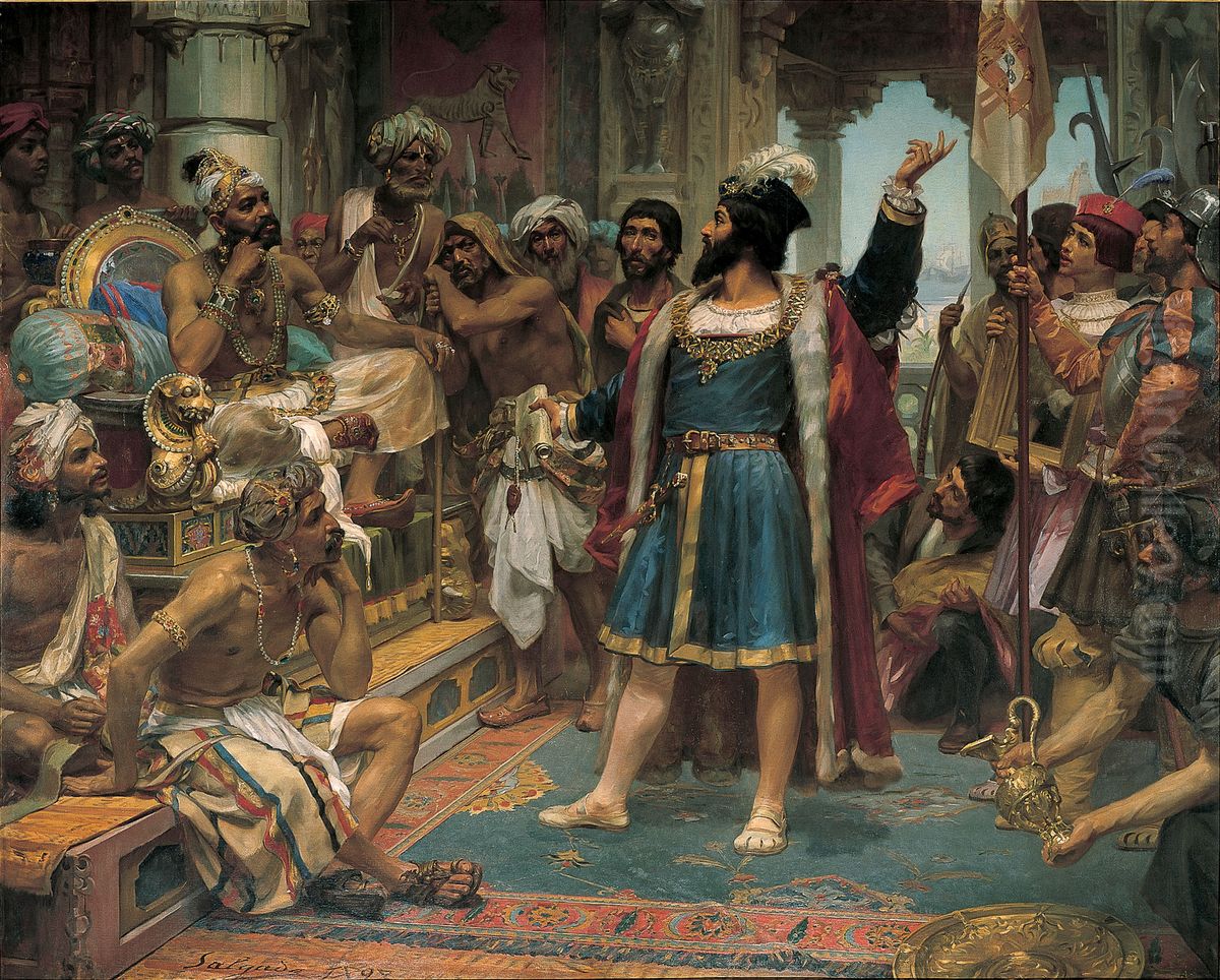 Vasco da Gama perante o Samorim de Calecute Oil Painting by Veloso Salgado