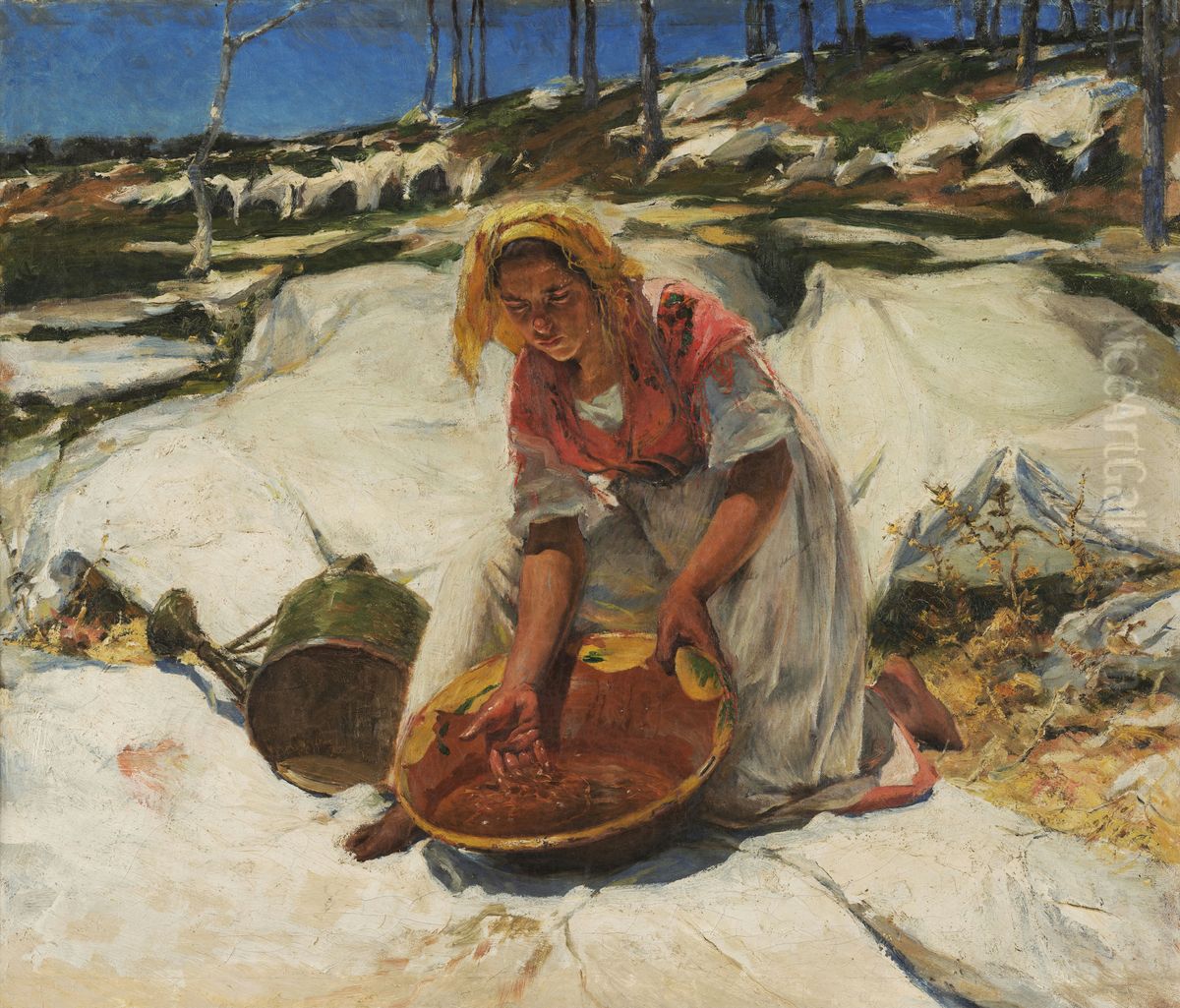 Dying the clothes Oil Painting by Jose Malhoa