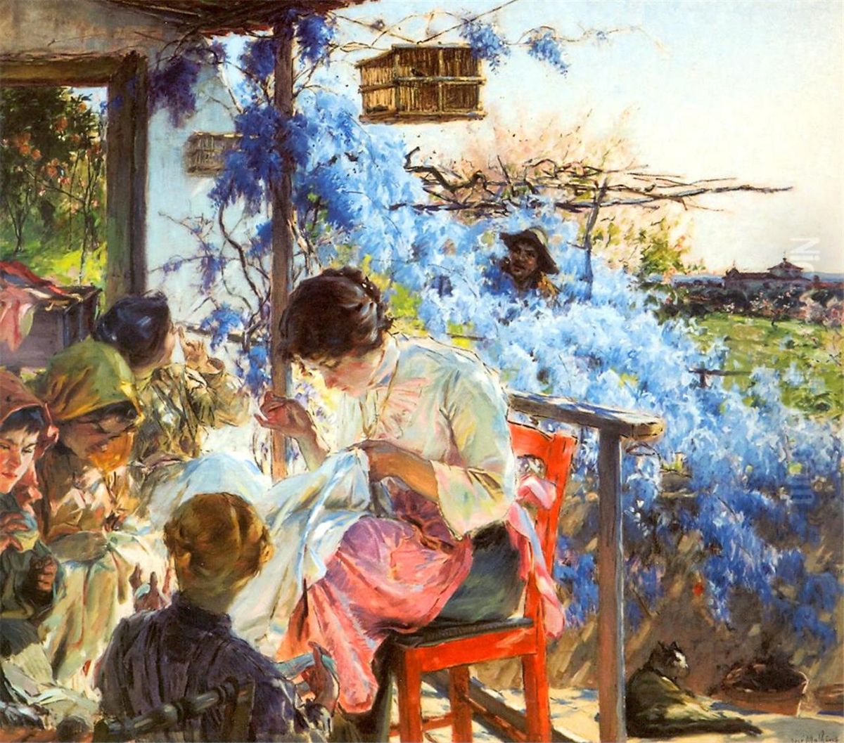 Nightingale balcony Oil Painting by Jose Malhoa