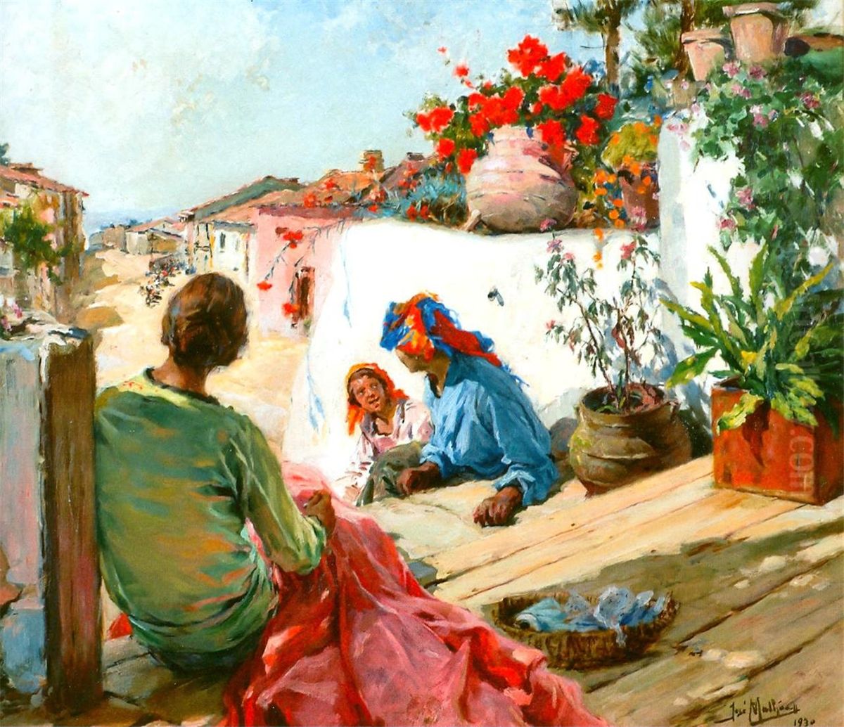 Flowered balcony Oil Painting by Jose Malhoa