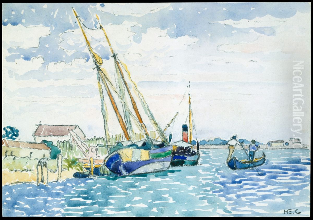 Marine Scene (Boats near Venice) Oil Painting by Henri-Edmond Cross