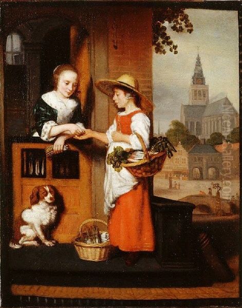 A young woman selling vegetables at the door Oil Painting by Nicolaes Maes