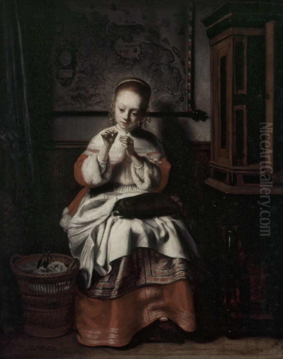 Young seamstress in an interior Oil Painting by Nicolaes Maes