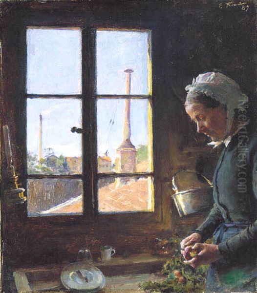 Portret materi, cistasej repu pered oknom Oil Painting by Friant Emile