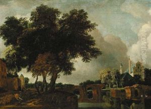 Landschap met een kasteel (kerk?) bij een brug