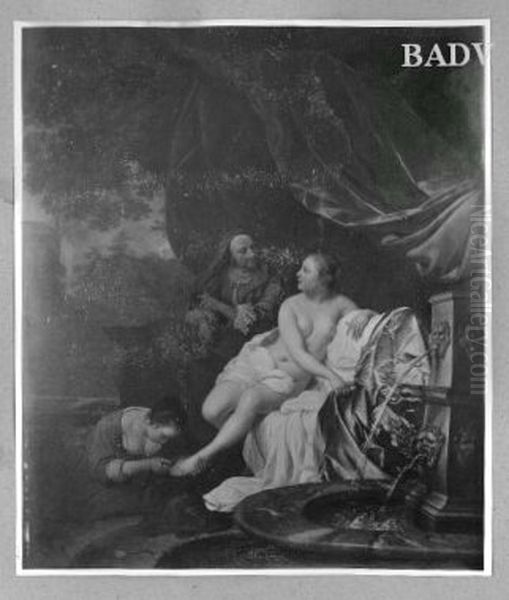 Junge Frau an einem Brunnen mit einer Alten und einer Dienerin bei der Toilette (Bathseba im Bade) Oil Painting by Jacob van Loo
