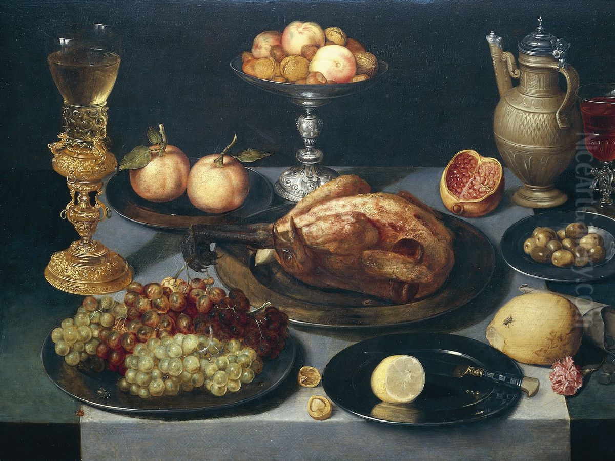 Still life with a roast capon, fruit and drinking vessels Oil Painting by Peter Paul Binoit