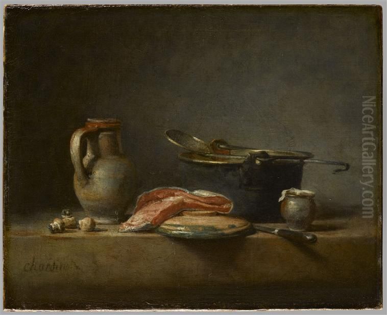 Marmite de cuivre, ecumoire, cruche et tranche de saumon Oil Painting by Jean-Baptiste-Simeon Chardin