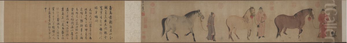 Three Horses and Four Grooms Oil Painting by Ren Renfa
