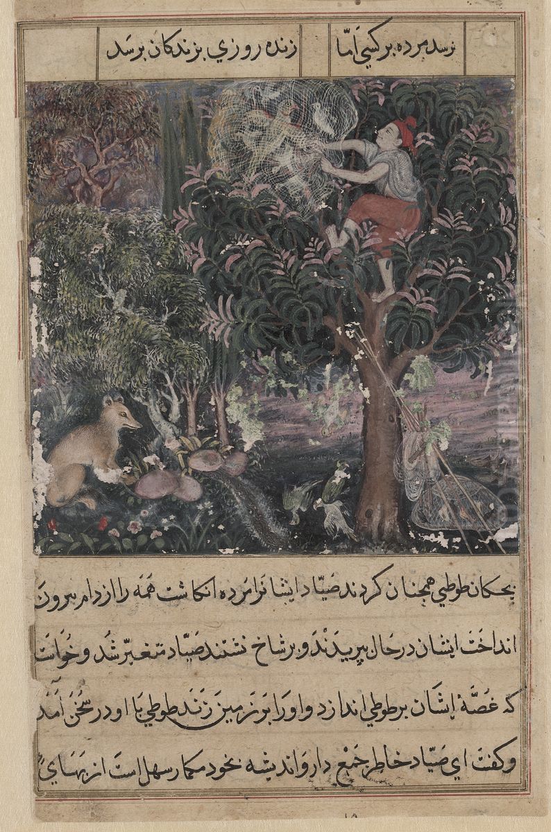 Fifth night: The hunter throws away the baby parrots, who pretend to be dead, and captures the mother Oil Painting by Basawan
