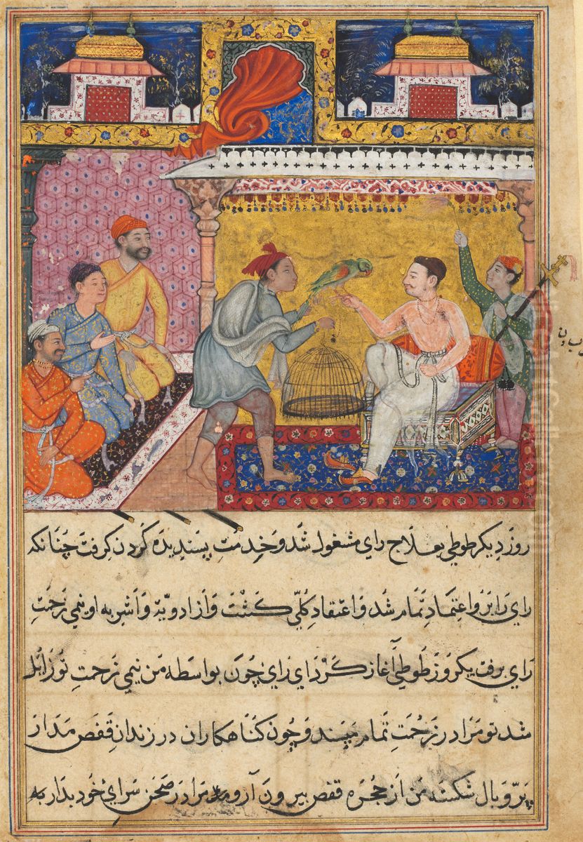 Fifth night: The hunter offers the mother parrot to the king of Kamarupa Oil Painting by Basawan