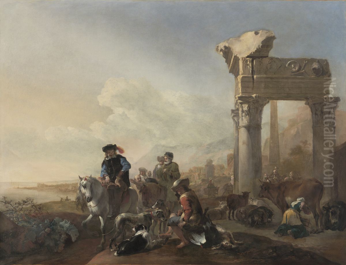Hunters Near Ruins Oil Painting by Jan Baptist Weenix