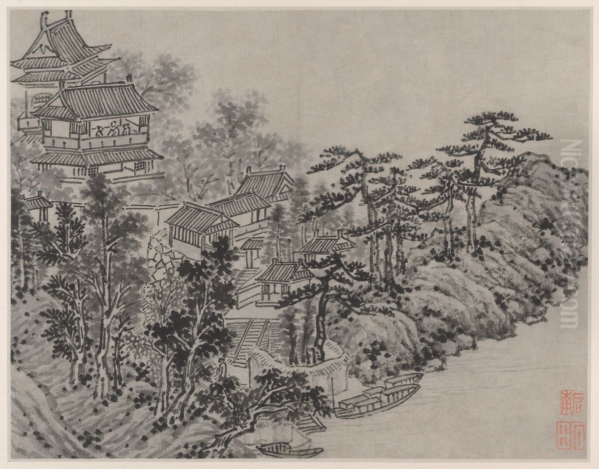 Cloud-Climbing Pavilion, from Twelve Views of Tiger Hill, Suzhou Oil Painting by Shen Zhou