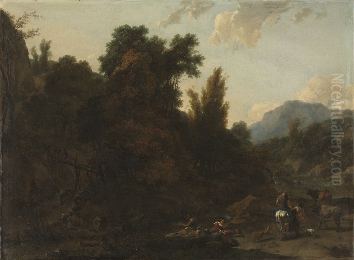Rush Gatherers Oil Painting by Nicolaes Pieterszoon Berchem