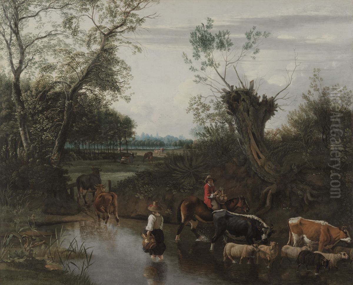 Peasants Crossing a Stream Oil Painting by Johannes Siberechts