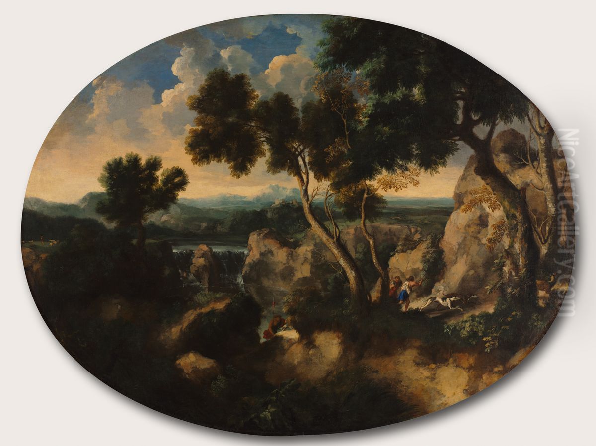 Rocky Landscape with Hunters Oil Painting by Gaspard Dughet