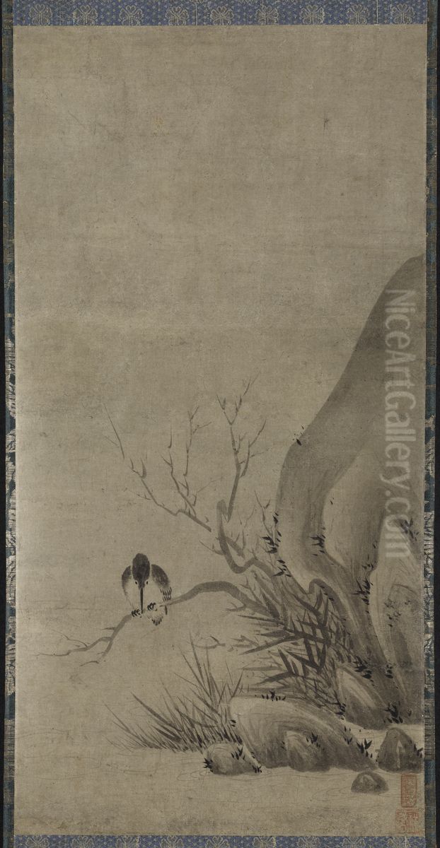 Kingfisher Perched above a Stream Oil Painting by Kenko Shokei