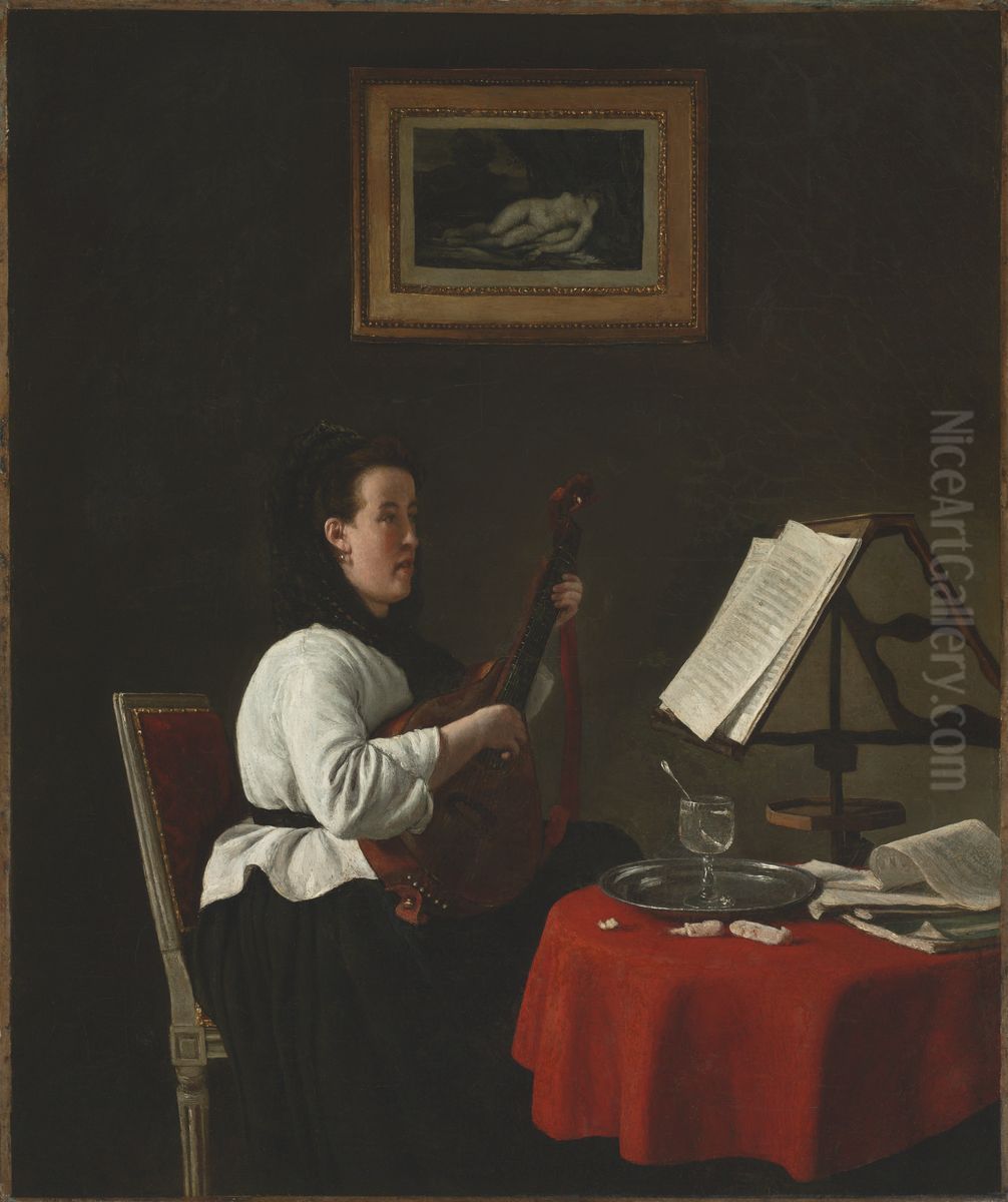 Young Woman with a Mandolin, Portrait of Louison Kohler Oil Painting by Francois Bonvin