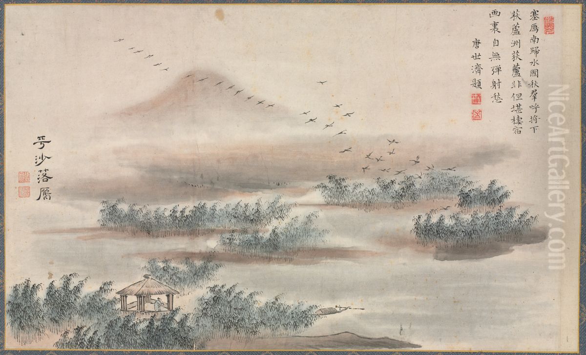 Wild Geese Descending on a Sandbar, from Eight Views of Xiao-Xiang Oil Painting by Tani Buncho
