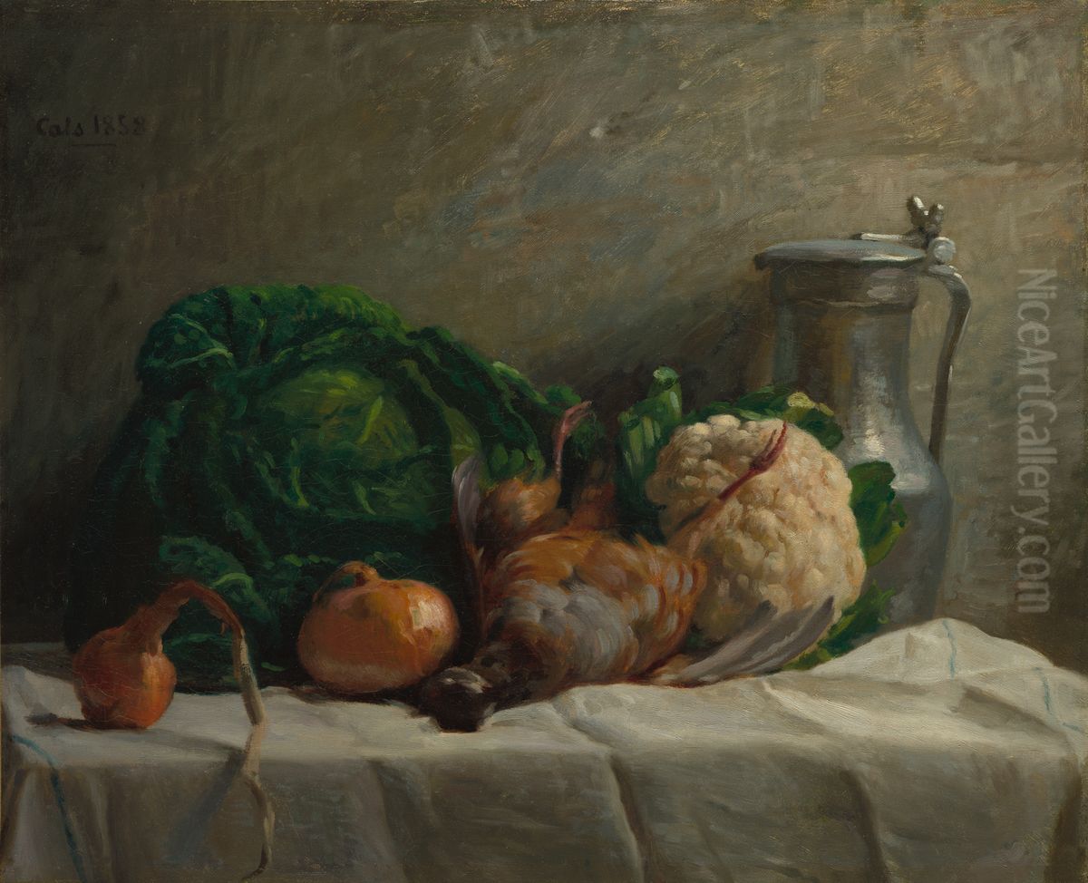 Still Life with Vegetables, Partridge, and a Jug Oil Painting by Adolphe-Felix Cals