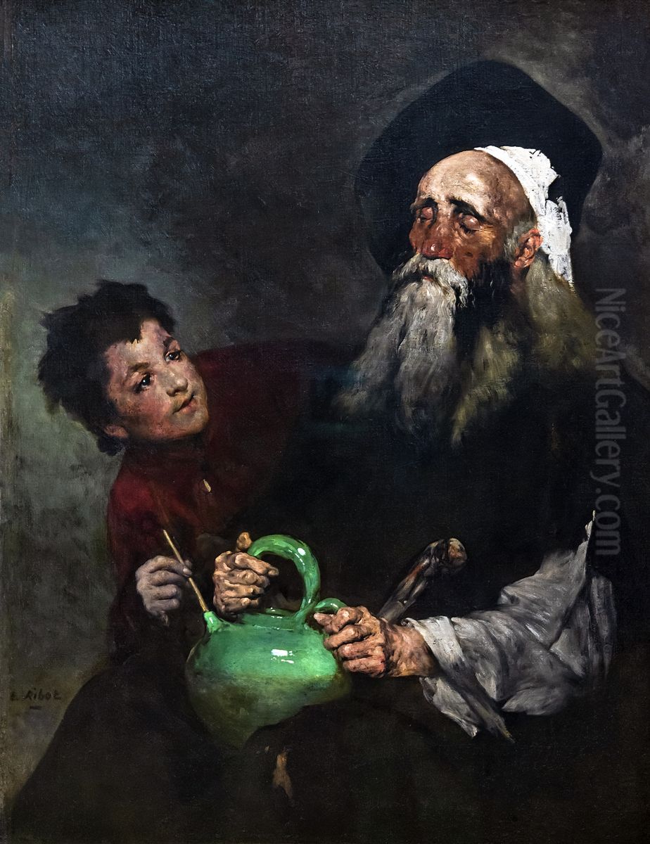 Lazarillo de Tormes and his blind masterFrancais:Lazarillo de Tormes et son maitre aveugle(l'aveugle a la cruche verte et l'enfant)Italiano:Lazarillo de Tormes e il suo maestro cieco Oil Painting by Augustin Theodule Ribot