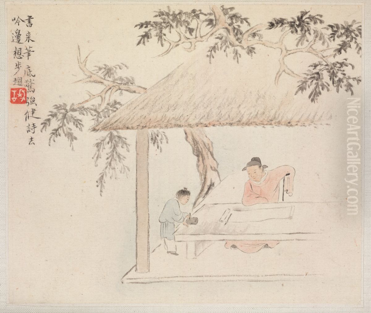 A Scholar at a Table with a Servant aside Preparing the Ink Oil Painting by Hua Yan