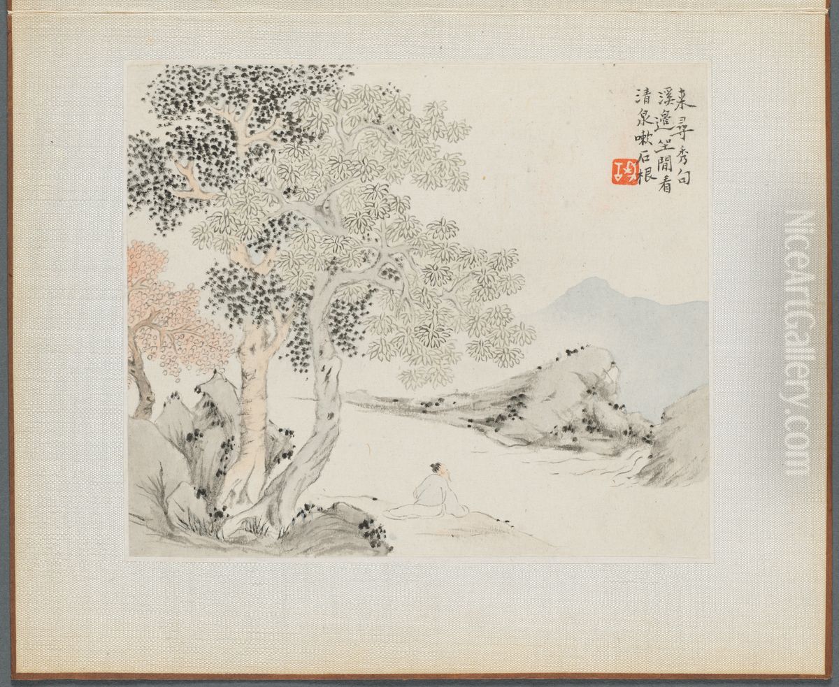 Three Big Trees, a Stream with an Old Man Sitting on the Bank Oil Painting by Hua Yan