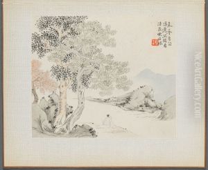Three Big Trees, a Stream with an Old Man Sitting on the Bank