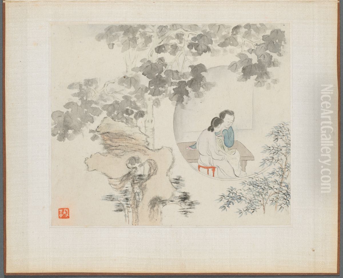Two Women with Needlework in a Garden Oil Painting by Hua Yan