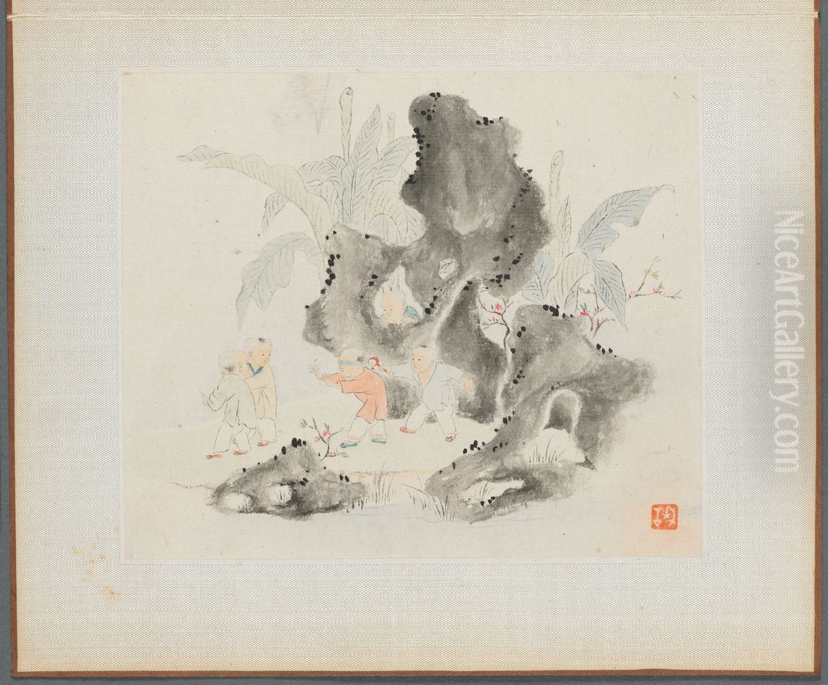 Children Playing Blindman's Buff in a Garden Oil Painting by Hua Yan