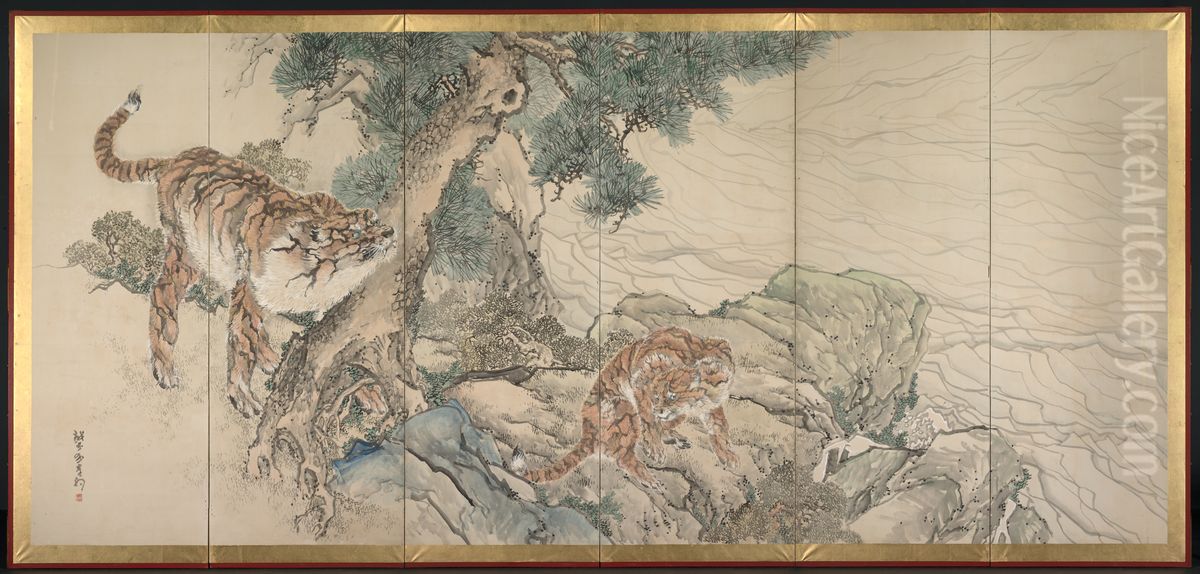 Tiger Family Oil Painting by Kishi Ganku