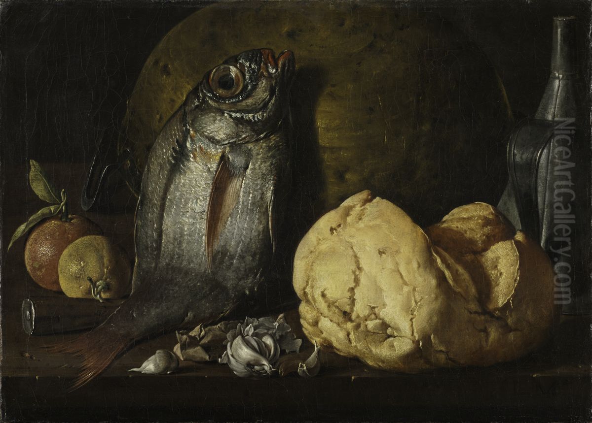 Still Life with Fish, Bread, and Kettle Oil Painting by Luis Egidio Melendez
