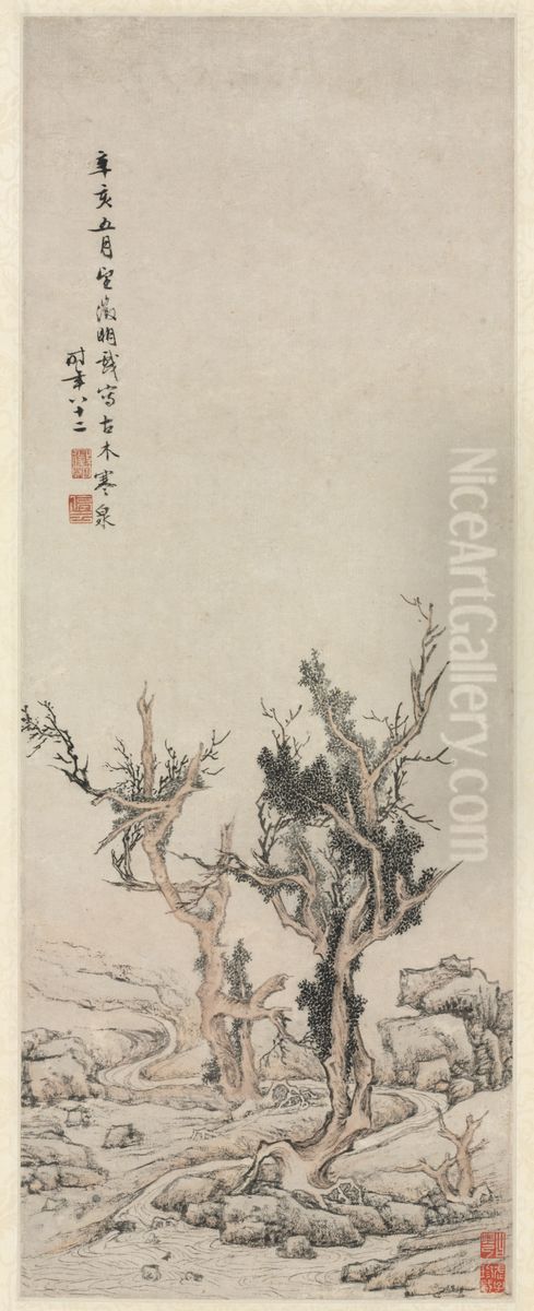 Old Trees by a Wintry Brook Oil Painting by Wen Zhengming