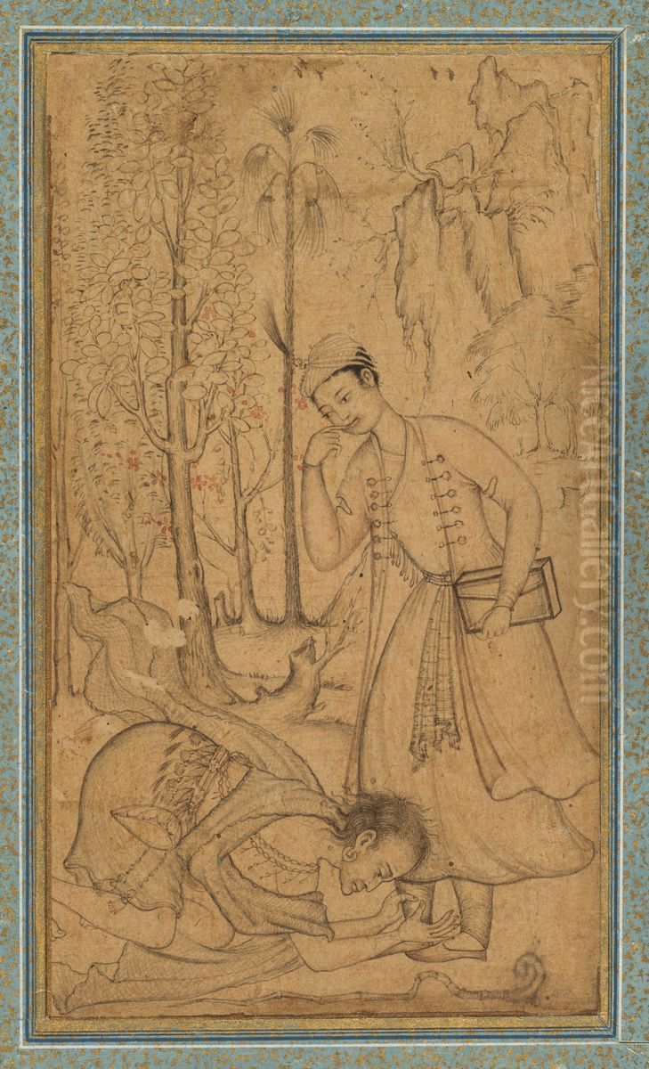 A Holy Man Prostrating Himself Before a Learned Prince Oil Painting by Manohar Das