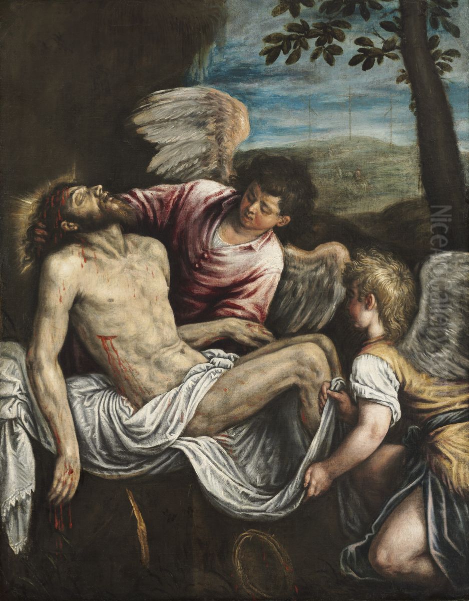 The Dead Christ with Angels Oil Painting by Leandro Bassano