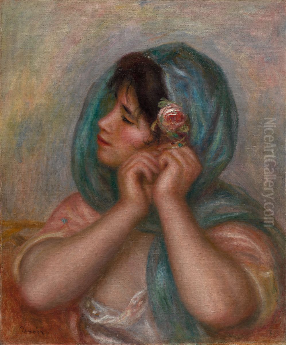 Young Woman Arranging Her Earring Oil Painting by Pierre Auguste Renoir