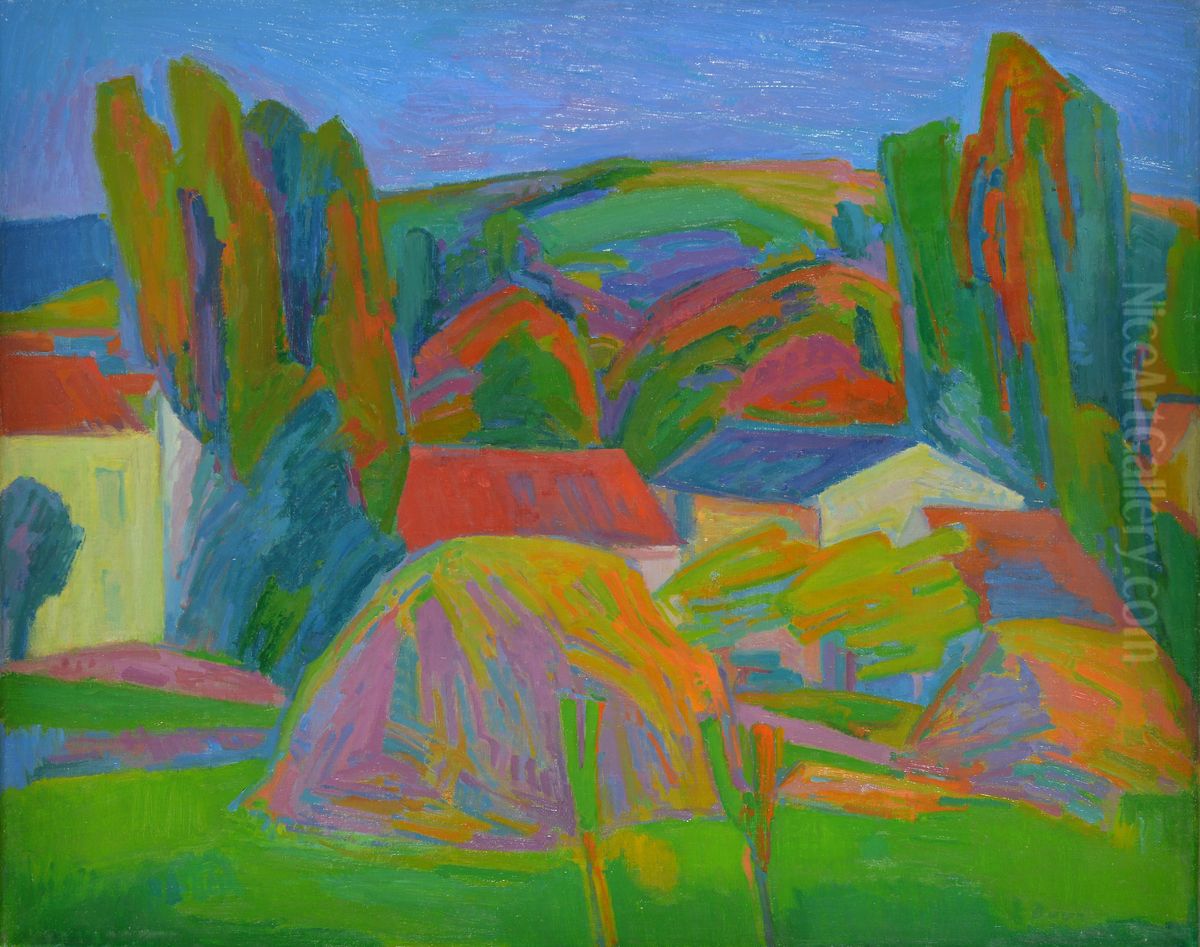 Gezicht op Kanne (BE) met Hooimijten Oil Painting by Willy Gorissen