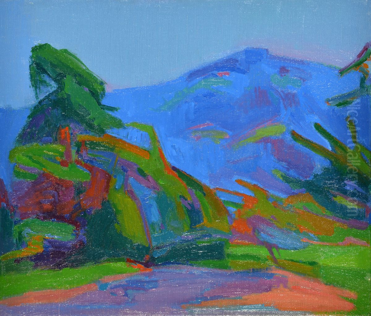 Landschap met blauwpaarse berg, versie 2 (Kanne, Belgie) Oil Painting by Willy Gorissen