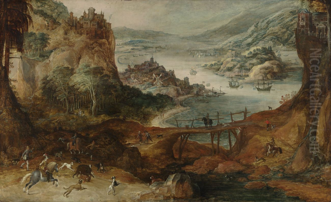 Wide river landscape with a boar hunt Oil Painting by Joos de Momper the Younger