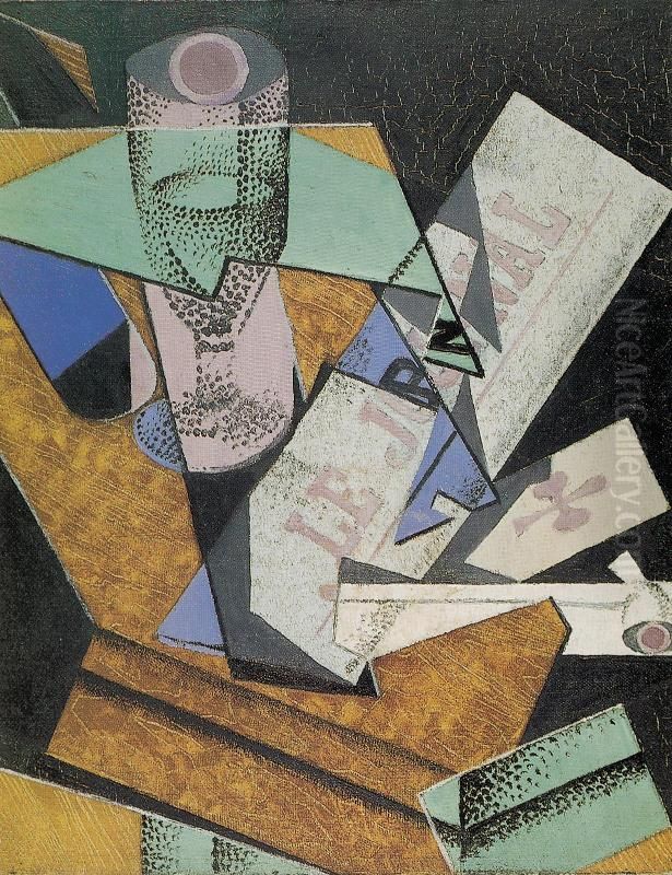 Glass and newspaper Oil Painting by Juan Gris