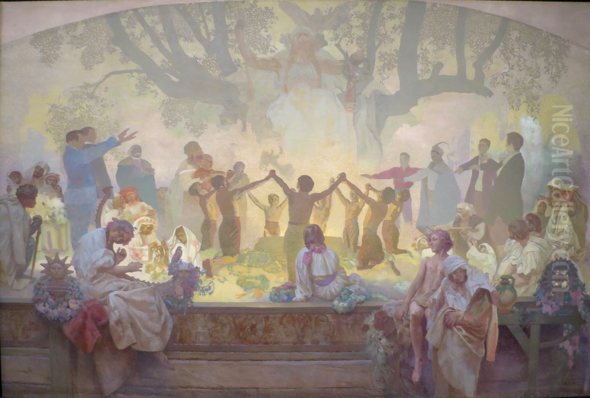 The Oath of Omladina Under the Slavic Linden Tree Oil Painting by Alphonse Mucha