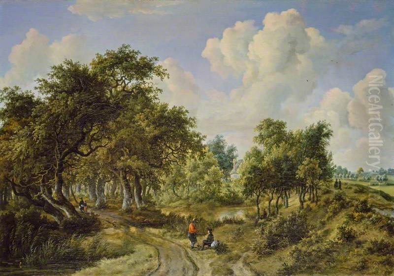 A Wooded Landscape Oil Painting by Meindert Hobbema