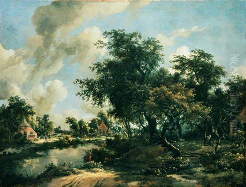 A Stormy Landscape Oil Painting by Meindert Hobbema