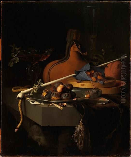 Stilleben mit Kastanien auf einem Teller, einer Tonpfeife und Rauchzubehor Oil Painting by Jacob van Walscapelle