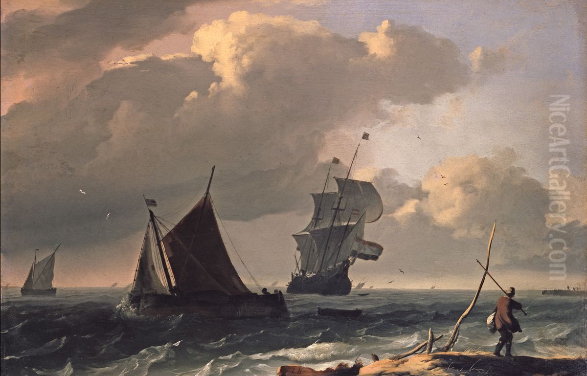 Ships off the coast, in the foreground a man on the shore Oil Painting by Ludolf Bakhuizen