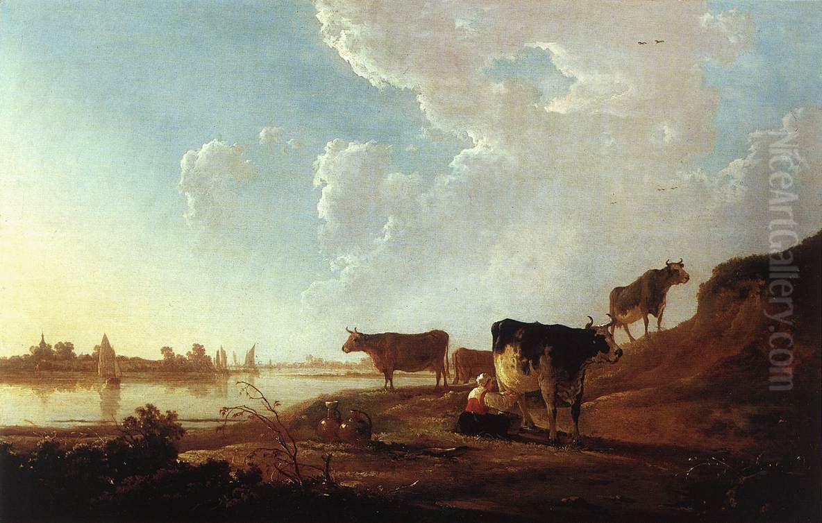 River Scene with Milking Woman Oil Painting by Aelbert Cuyp