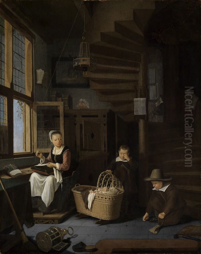 Nahende Mutter mit zwei Knaben an der Wiege Oil Painting by Adriaen van Gaesbeeck
