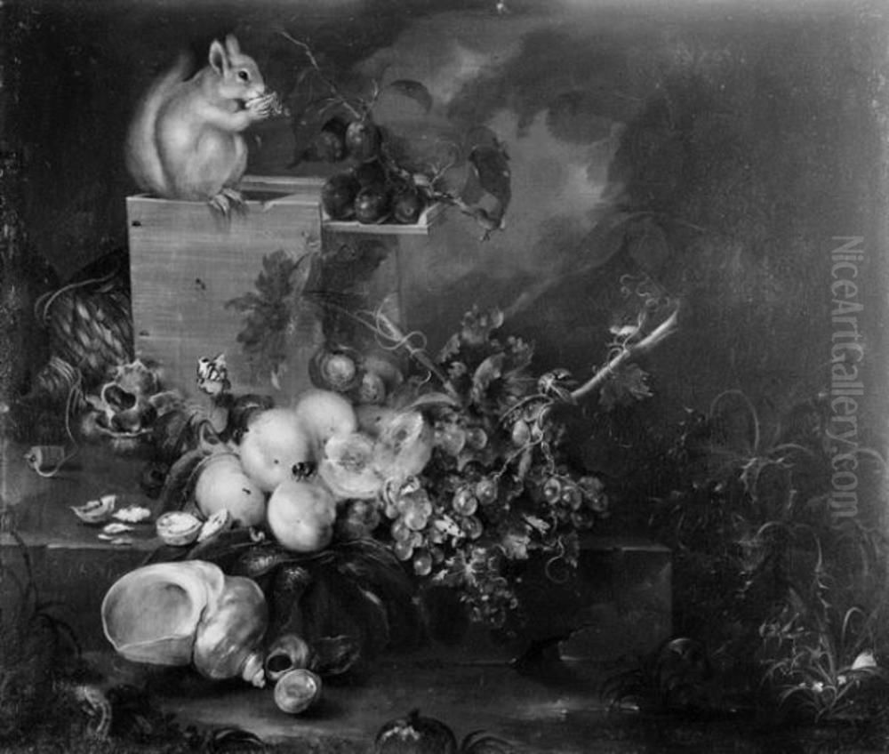Fruit still life with a shell and a squirrel Oil Painting by Catharina Treu