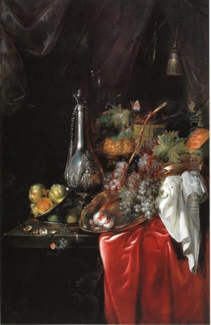 Sumptuous still life of fruit with a silver flask Oil Painting by Catharina Treu